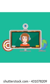 Girl on the computer screen with a headset, darts, globe for monitor, webinar concept,online learning, vector illustration in flat style