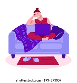 Girl on the couch with a laptop. Writes a message to a friend. How are you Vector concept of communication on the Internet. Illustration in flat cartoon style.