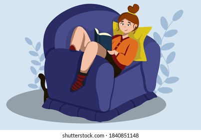
The girl on the couch is reading a book. Lovers of books, reading, literature fan. Girl with a book. Stock vector cartoon illustration