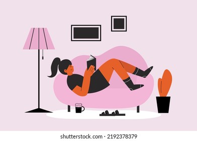 Girl on cozy sofa reading book at living room. Home relaxation, weekend or free time. Slow lifestyle, hygge vector concept with young student