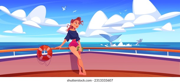 Girl on cruise ship deck cartoon vector scene. Boat bow embankment with wooden floor and railing in ocean. Whale splash on seascape with gull. Passenger stand with book near lifebuoy and watching