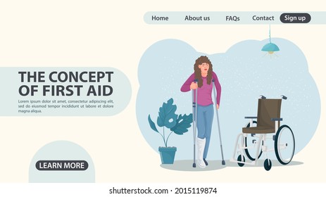 A girl on crutches stands next to a wheelchair, a web page design concept, a flat cartoon illustration