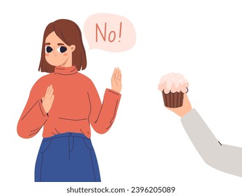 Girl on diet say no to sweets and bakery food. Cartoon temptation concept, teenager or young woman and cupcake or muffin. Vector healthy scene