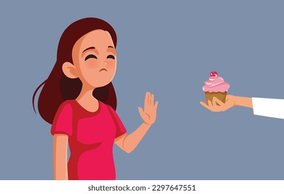 
Girl on a Diet Saying no to Sugary Dessert Vector Cartoon Illustration. Young woman refusing to eat thinking about calories being on a weight loss journey 
