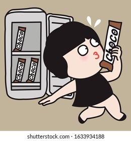 Girl On Diet Stealing A Piece Of Nice Chocolate Bar From Fridge Concept Card Character illustration