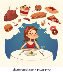 Girl On A Diet. Tasty Desires. Vector Illustration.