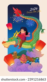 Girl on a dragon flying in the sky with lanterns and fireworks across the city at night.