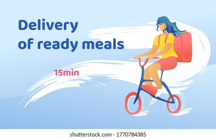 A girl on an electric bike delivers ready-made meals. People work in food delivery on a bicycle. Fast delivery, background dynamic motion.