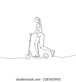 Girl on an electric scooter one line art. Continuous line drawing sport, scooter, transportation, leisure, riding, healthy, urban, mobility.