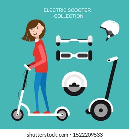 Girl on an electric scooters in a flat style. Set of electric personal transportation: scooter, unicycle, hoverboard. Vector illustration.