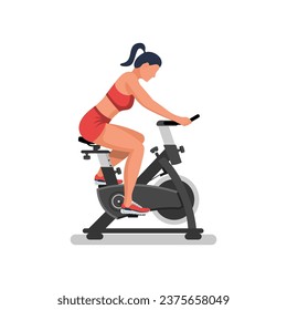 Girl on an exercise bike. A beautiful athletic girl is doing fitness. To pedal. Healthy lifestyle. Fitness and aerobics. Sports training. Active lifestyle. Vector illustration flat design.