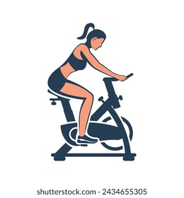 Girl on an exercise bike. A beautiful athletic girl is doing fitness. To pedal. Healthy lifestyle. Fitness and aerobics. Sports training. Active lifestyle. Vector illustration flat design.