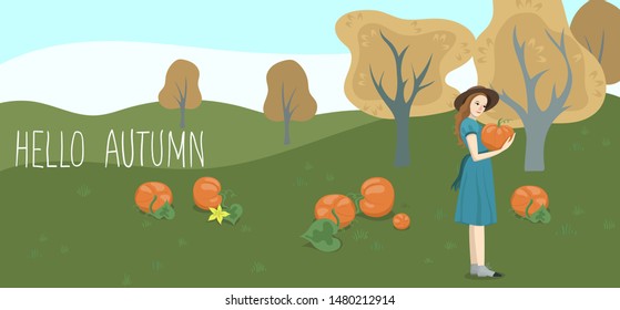 Girl on the field with pumpkins holding a pumpkin. Vector graphics.