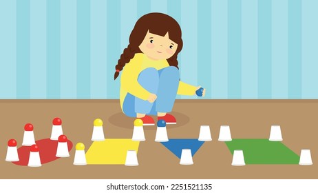 The girl on the floor arranges cups with multi-colored chips