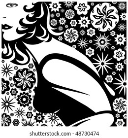 Girl on Flower Background Black and White