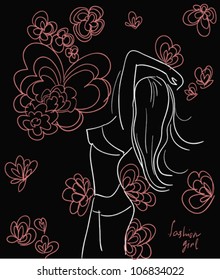 girl on flowers background, vector sketch.