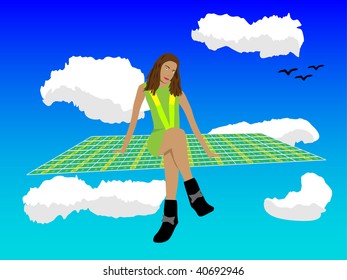Girl on the flying carpets of dollars