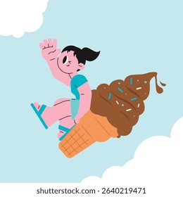 Girl on a Flying Chocolate Ice Cream Cone