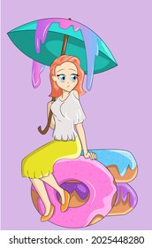 A girl on a giant donuts under an umbrella