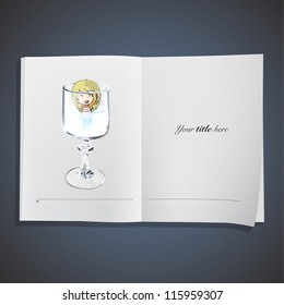 Girl on a glass of water inside a book. Vector design.