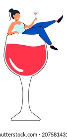 Girl on a glass of wine Happy holiday celebration with alcohol drinks festive mood and cheerful atmosphere Drunkard brain Vector illustration for booze problems, alcohol addiction, drunkard concept