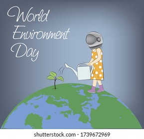 girl on the globe is watering a plant. World Environment Day. vector illustration