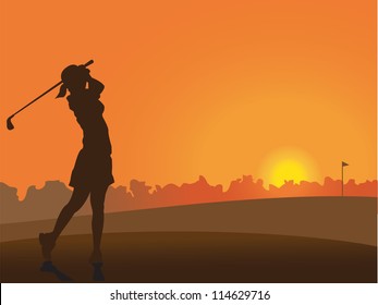 Girl on the golf course at sunset