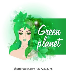 Girl on a green background, concept green planet. Mother Earth