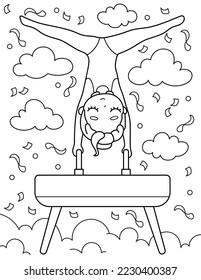 
Girl on a gymnastic goat. Coloring book with a girl gymnast. Sport. Black and white vector illustration.