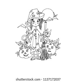 Girl on Halloween. Vector, sketch drawn by hand