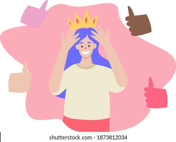 The girl on the head put on a crown, happy girl, get recognition. approval, get a like in social networks. Vector flat illustration