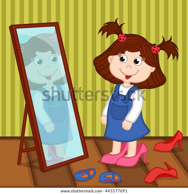 かかとの女の子が鏡で見る ベクターイラスト Eps のベクター画像素材 ロイヤリティフリー