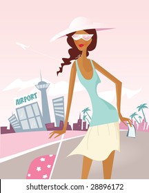 Girl on her travel at the airport. Stylish tourist girl is going on vacation trip. Vector Illustration.