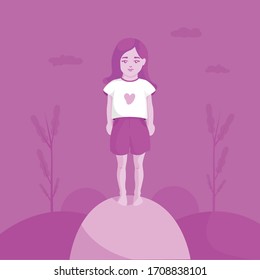 Girl on the hill. Children's drawing. Delicate postcard.