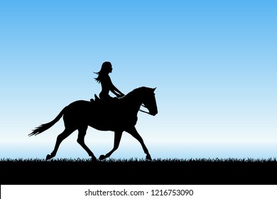 Girl on horse by sea. Vector illustration with silhouette of running horse and female rider. Blue pastel background