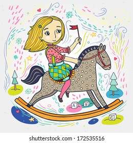 girl on horse color illustration