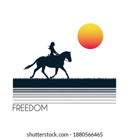 Girl on horse. Female rider silhouette. White retro background