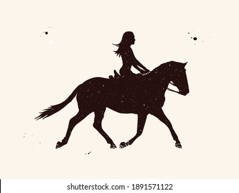 Girl on horse. Female rider abstract silhouette. Night starry sky