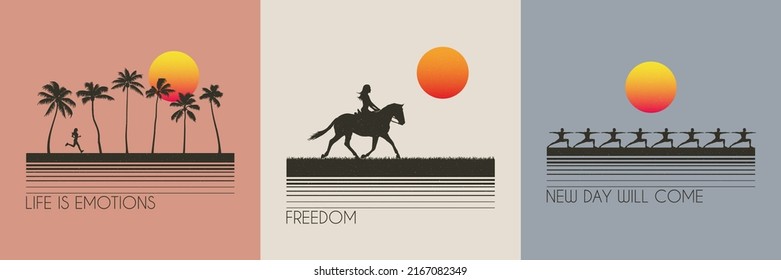 Girl on horse. Running woman. Morning yoga. Outdoor sports. Retro set