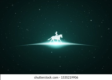 Girl on horse in space. Vector conceptual illustration with white silhouette of running horse and female rider. Emerald abstract background with stars and glowing outline