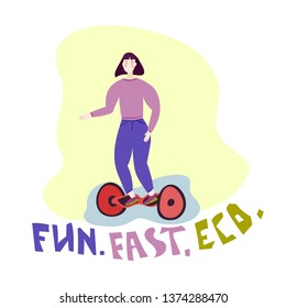 Girl on Hoverboard Vector. Riding On Gyro scooter. Outdoor Activity. Two-Wheel Electric Self-Balancing Scooter. Isolated flat trendy modern style Illustration on white background