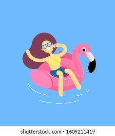 A girl on an inflatable circle pelican bathes in a pool and talks on the phone. Flat illustration of a blue pink pelican and wave background. Business topics and active leisure freelancer