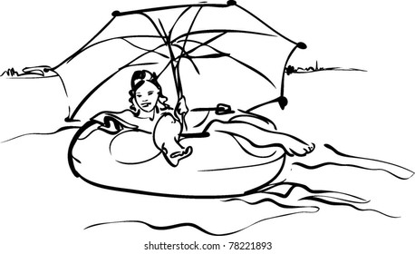 Girl on an inflatable at a large range    umbrellas sails along the coast of vonam    beach