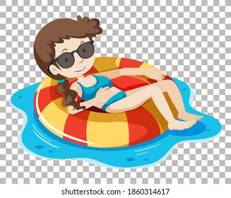 Girl on inflatable ring on transparent background illustration