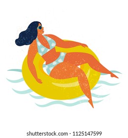 Girl on inflatable swimming pool float. Vector illustration.