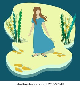 Girl on the island in a blue long dress