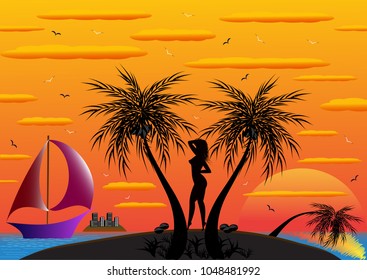 The girl on the island. A fabulous romantic holiday in nature near the sea. Around the mountain, yachts. The enchanting sunset delighted anyone who would rest here.