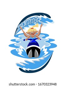 Girl on a jet ski. Vector illustration. Banner, invitation card.