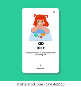 Girl On Kid Diet And Eating Vitamin Fruits Vector. Preschool Lady On Kid Diet And Eat Healthy Natural Food. Character Eco Clean Organic Vegetarian Nutrition Web Flat Cartoon Illustration
