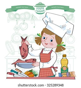 Girl on kitchen with different products cooks food.Separate layers of objects and background for easy editing. Illustration done in cartoon style.